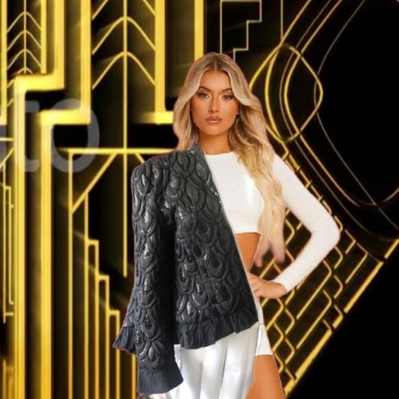 RARE FIND Vintage 1920s Quilted Sequined Teardrop Pattern Black Jacket Size M - Picture 1 of 5